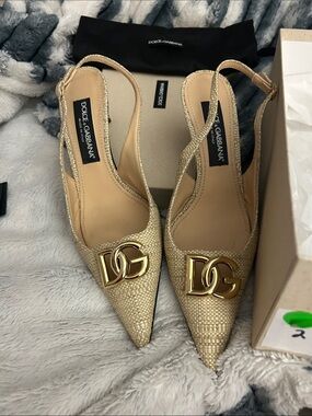Dolce & Gabbana Metallic Gold Pointed-Toe Slingback Flats with DG Logo